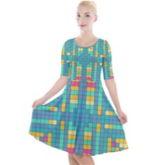 Checkerboard Squares Abstract Quarter Sleeve A-line Dress