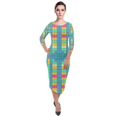 Checkerboard Squares Abstract Quarter Sleeve Midi Velour Bodycon Dress