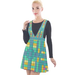 Checkerboard Squares Abstract Plunge Pinafore Velour Dress