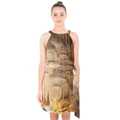 Caverns Rock Formation Cave Rock Halter Collar Waist Tie Chiffon Dress by Pakrebo