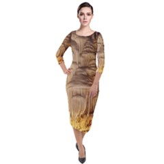 Caverns Rock Formation Cave Rock Quarter Sleeve Midi Velour Bodycon Dress