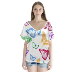 Butterfly Butterflies Vintage V-neck Flutter Sleeve Top by Pakrebo