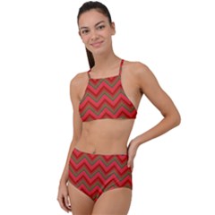 Background Retro Red Zigzag High Waist Tankini Set