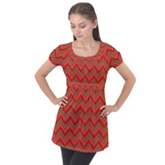 Background Retro Red Zigzag Puff Sleeve Tunic Top