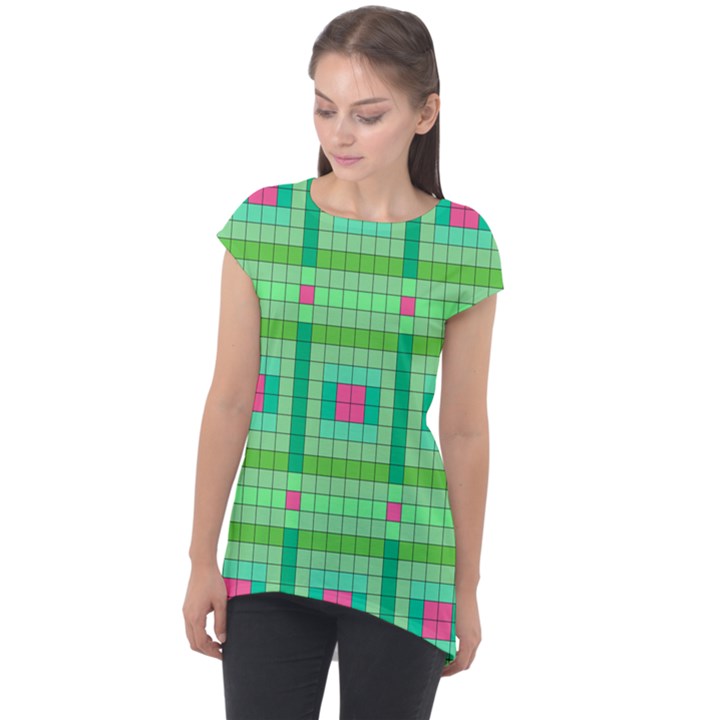 Checkerboard Squares Abstract Cap Sleeve High Low Top