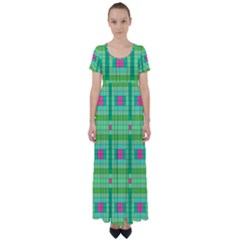 Checkerboard Squares Abstract High Waist Short Sleeve Maxi Dress