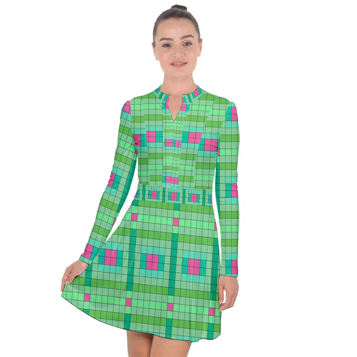 Checkerboard Squares Abstract Long Sleeve Panel Dress