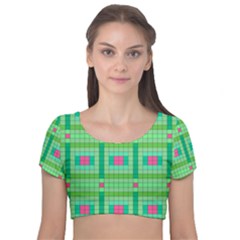 Checkerboard Squares Abstract Velvet Short Sleeve Crop Top 