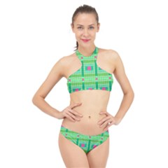 Checkerboard Squares Abstract High Neck Bikini Set