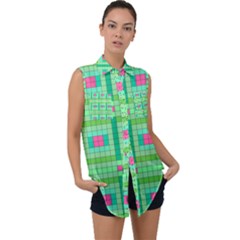 Checkerboard Squares Abstract Sleeveless Chiffon Button Shirt