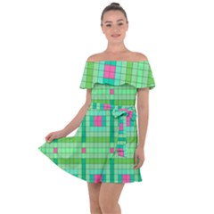 Checkerboard Squares Abstract Off Shoulder Velour Dress