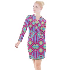 Checkerboard Squares Abstract Button Long Sleeve Dress