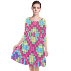 Checkerboard Squares Abstract Quarter Sleeve Waist Band Dress