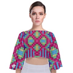 Checkerboard Squares Abstract Tie Back Butterfly Sleeve Chiffon Top