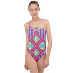 Checkerboard Squares Abstract Classic One Shoulder Swimsuit