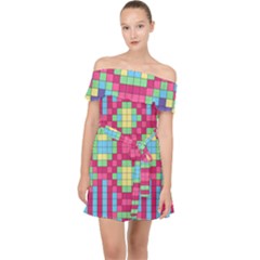 Checkerboard Squares Abstract Off Shoulder Chiffon Dress