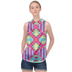 Checkerboard Squares Abstract High Neck Satin Top