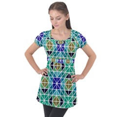 Mosaic Triangle Symmetry Puff Sleeve Tunic Top