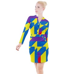 Colorful Red Yellow Blue Purple Button Long Sleeve Dress