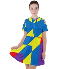 Colorful Red Yellow Blue Purple Short Sleeve Shoulder Cut Out Dress 