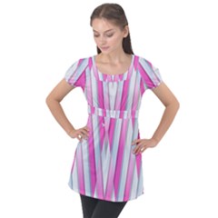 Geometric 3d Design Pattern Pink Puff Sleeve Tunic Top