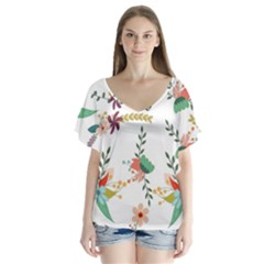 Floral Backdrop Pattern Flower V-neck Flutter Sleeve Top by Pakrebo