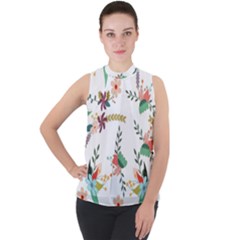 Floral Backdrop Pattern Flower Mock Neck Chiffon Sleeveless Top