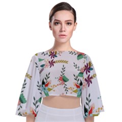 Floral Backdrop Pattern Flower Tie Back Butterfly Sleeve Chiffon Top