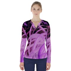 Purple Fractal Artwork Feather V-neck Long Sleeve Top by Pakrebo