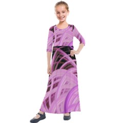 Purple Fractal Artwork Feather Kids  Quarter Sleeve Maxi Dress