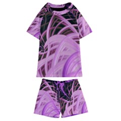 Purple Fractal Artwork Feather Kids  Swim Tee And Shorts Set