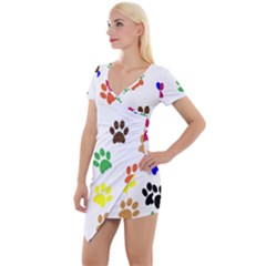 Pawprints Paw Prints Paw Animal Short Sleeve Asymmetric Mini Dress