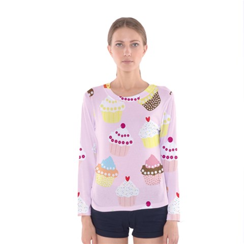 Cupcakes Wallpaper Paper Background Women s Long Sleeve Tee by Pakrebo