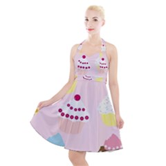 Cupcakes Wallpaper Paper Background Halter Party Swing Dress 