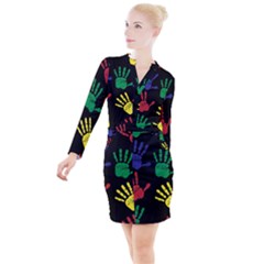 Handprints Hand Print Colourful Button Long Sleeve Dress by Pakrebo