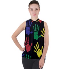 Handprints Hand Print Colourful Mock Neck Chiffon Sleeveless Top