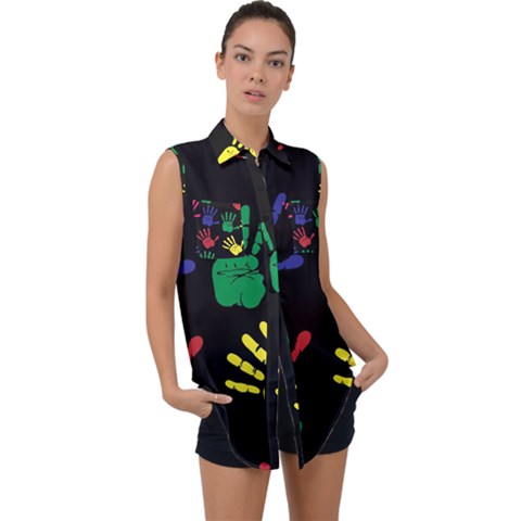 Handprints Hand Print Colourful Sleeveless Chiffon Button Shirt by Pakrebo