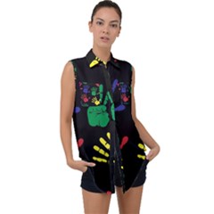 Handprints Hand Print Colourful Sleeveless Chiffon Button Shirt