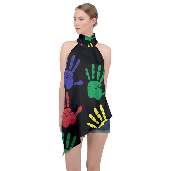 Handprints Hand Print Colourful Halter Asymmetric Satin Top