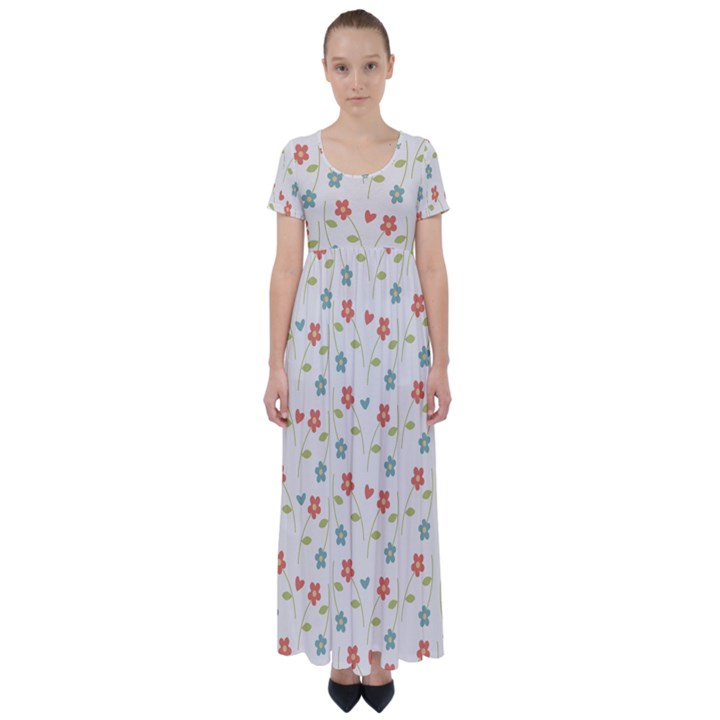 Floral Pattern Wallpaper Retro High Waist Short Sleeve Maxi Dress