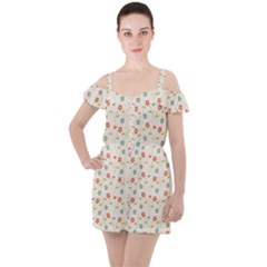 Floral Pattern Wallpaper Retro Ruffle Cut Out Chiffon Playsuit by Pakrebo