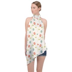 Floral Pattern Wallpaper Retro Halter Asymmetric Satin Top