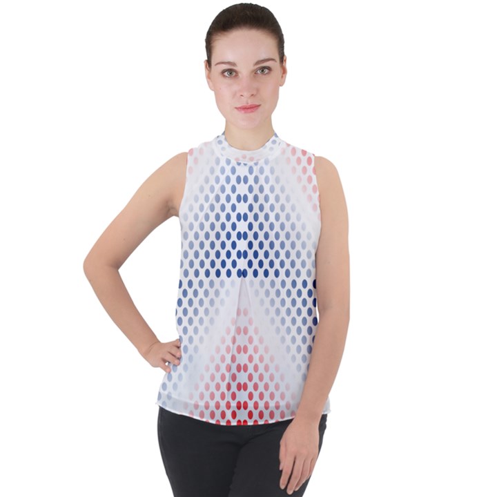 Dots Pointillism Abstract Chevron Mock Neck Chiffon Sleeveless Top