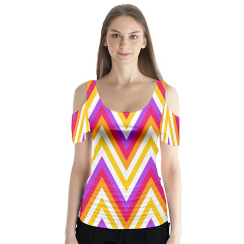 Chevrons Stripes Pattern Geometric Butterfly Sleeve Cutout Tee  by Pakrebo