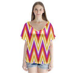 Chevrons Stripes Pattern Geometric V-neck Flutter Sleeve Top by Pakrebo