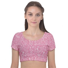 Tropical Pattern Velvet Short Sleeve Crop Top 