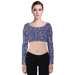 Tropical Pattern Velvet Long Sleeve Crop Top