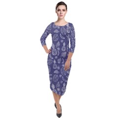 Tropical Pattern Quarter Sleeve Midi Velour Bodycon Dress