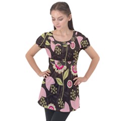 Flowers Wallpaper Floral Decoration Puff Sleeve Tunic Top