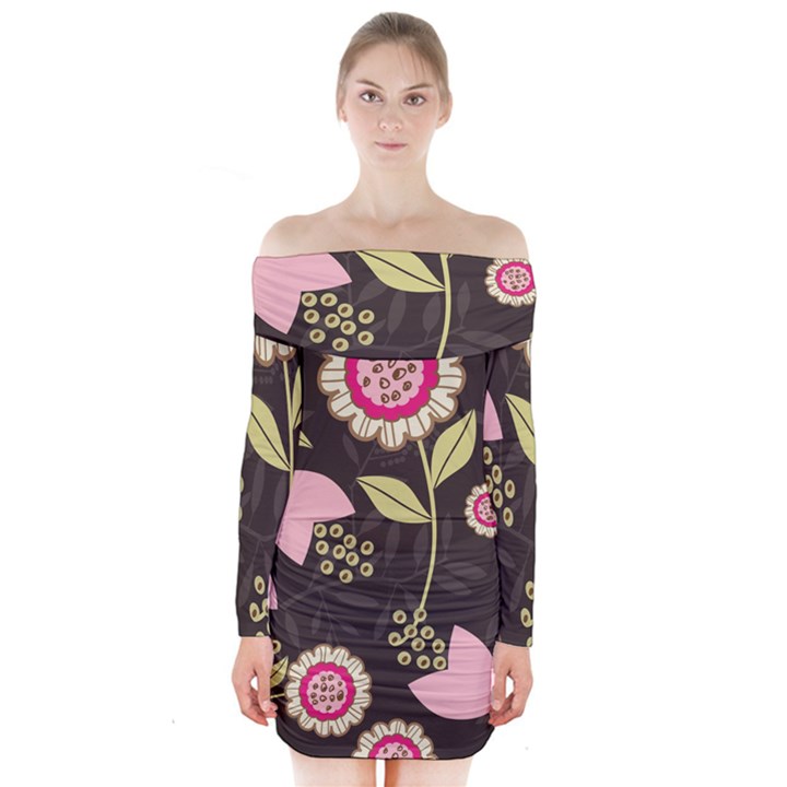 Flowers Wallpaper Floral Decoration Long Sleeve Off Shoulder Dress